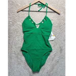 BECCA by Rebecca Virtue Textured‎ Halter One Piece Swimsuit Emerald Green Small
